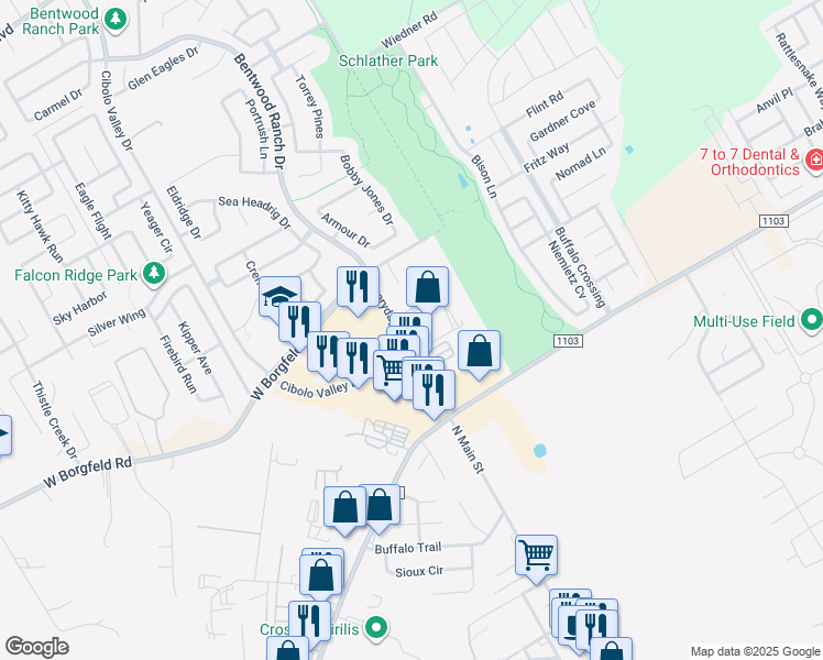 map of restaurants, bars, coffee shops, grocery stores, and more near 816 Everyday Way in Cibolo