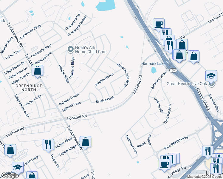 map of restaurants, bars, coffee shops, grocery stores, and more near 14423 Raptor Peak in San Antonio