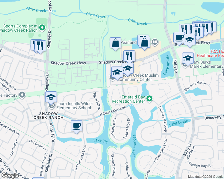 map of restaurants, bars, coffee shops, grocery stores, and more near 2102 Rushing Spring Dr in Pearland