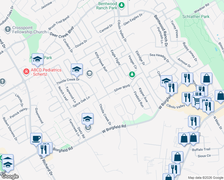 map of restaurants, bars, coffee shops, grocery stores, and more near 328 Silver Wing in Cibolo
