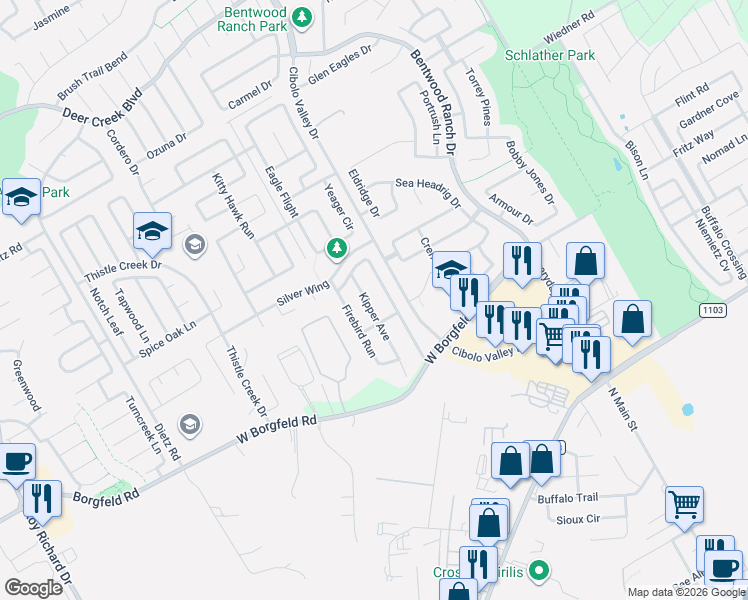 map of restaurants, bars, coffee shops, grocery stores, and more near 129 Kipper Avenue in Cibolo