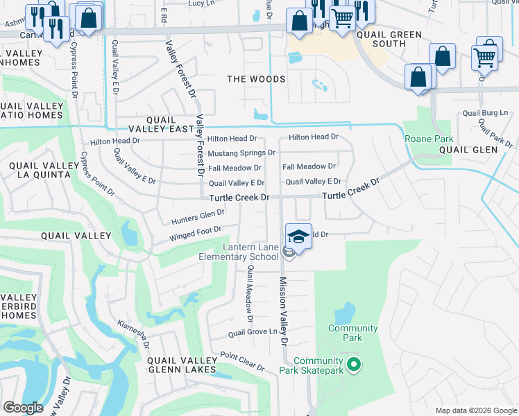map of restaurants, bars, coffee shops, grocery stores, and more near 2007 Turtle Creek Drive in Missouri City