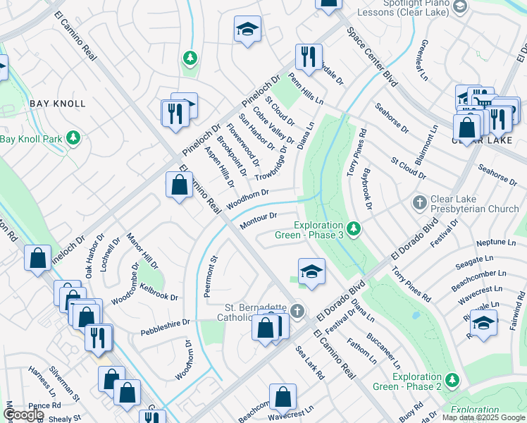 map of restaurants, bars, coffee shops, grocery stores, and more near 1030 Woodhorn Drive in Houston