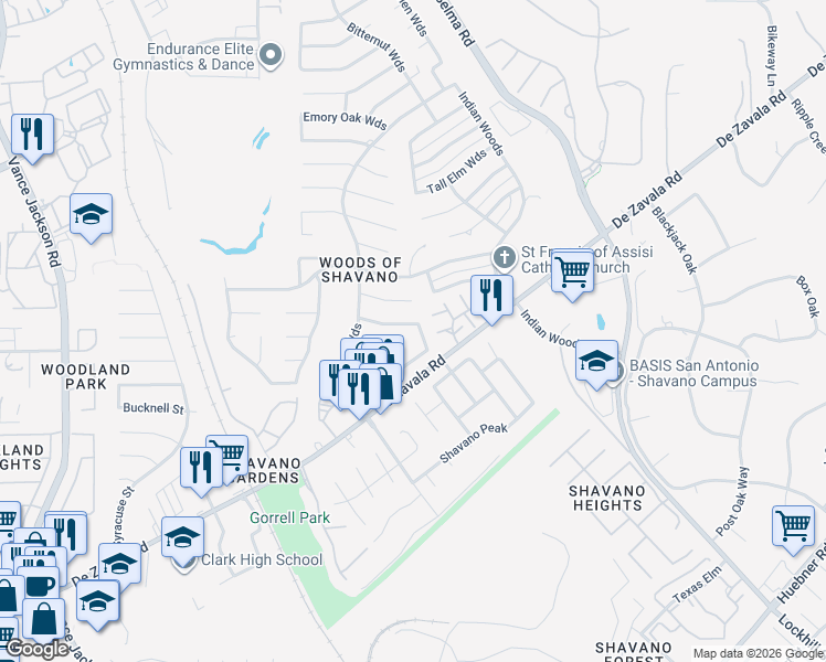 map of restaurants, bars, coffee shops, grocery stores, and more near 4411 Huntington Woods Street in San Antonio