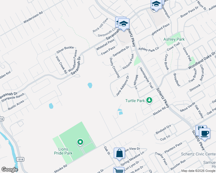 map of restaurants, bars, coffee shops, grocery stores, and more near 372 Frank Baum Drive in Schertz