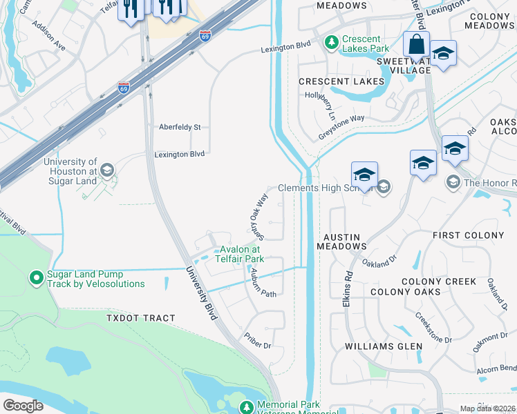 map of restaurants, bars, coffee shops, grocery stores, and more near 2711 Sentry Oak Way in Sugar Land