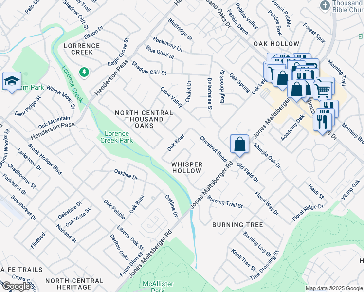 map of restaurants, bars, coffee shops, grocery stores, and more near 15038 Oak Briar in San Antonio