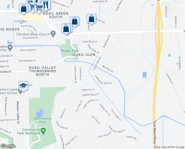 map of restaurants, bars, coffee shops, grocery stores, and more near 8455 South Meadow Bird Circle in Missouri City