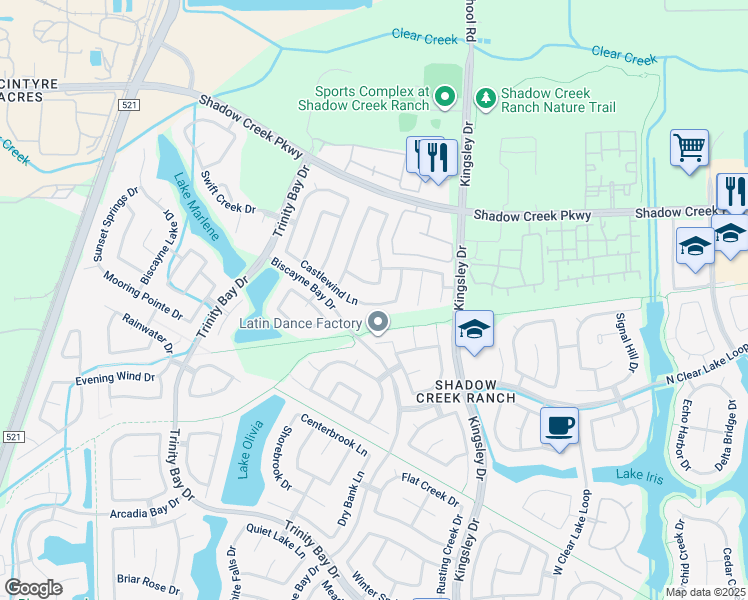 map of restaurants, bars, coffee shops, grocery stores, and more near 13011 Castlewind Lane in Pearland