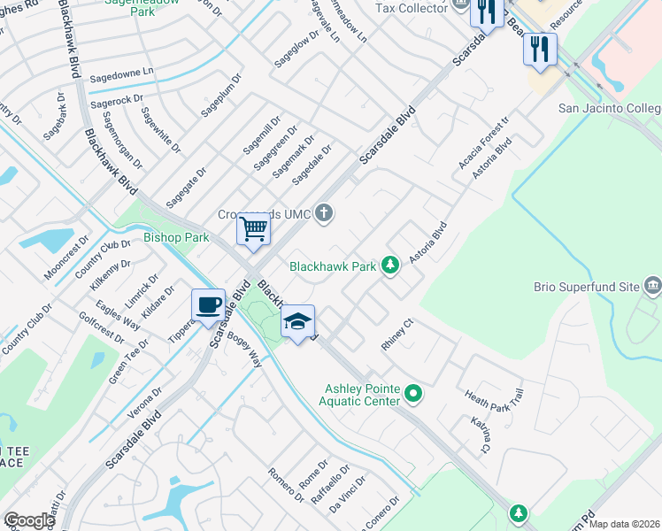 map of restaurants, bars, coffee shops, grocery stores, and more near 10035 Park Meadow Drive in Houston