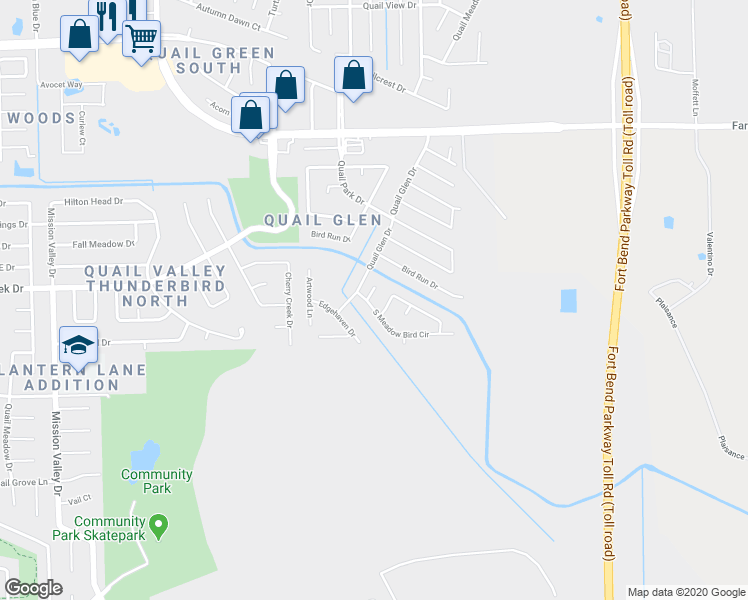map of restaurants, bars, coffee shops, grocery stores, and more near 17219 Foxfield Drive in Missouri City