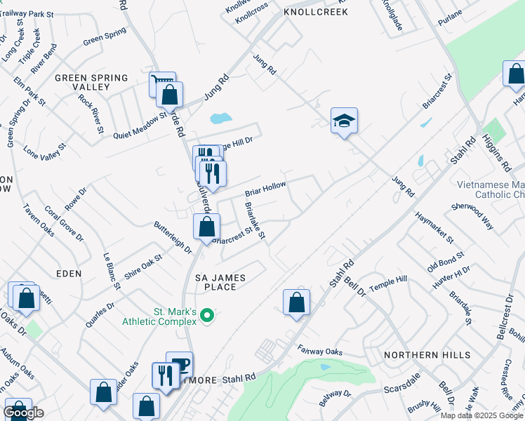 map of restaurants, bars, coffee shops, grocery stores, and more near 3910 Briarvista Street in San Antonio