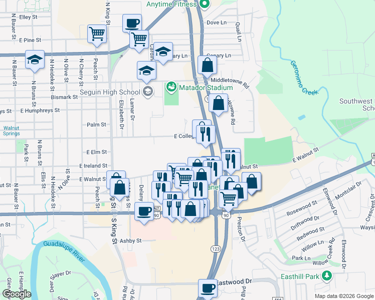 map of restaurants, bars, coffee shops, grocery stores, and more near 1400 East Walnut Street in Seguin