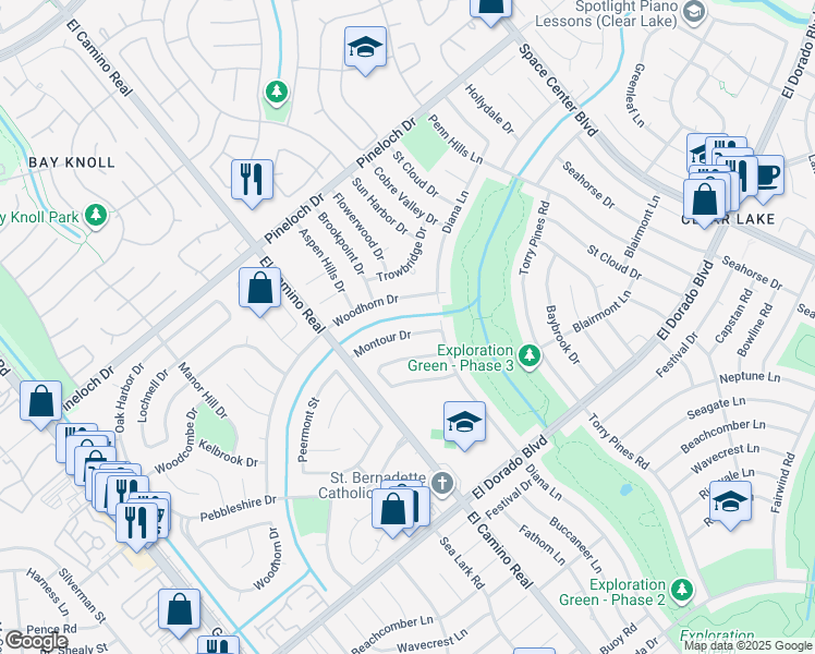 map of restaurants, bars, coffee shops, grocery stores, and more near 1111 Montour Drive in Houston