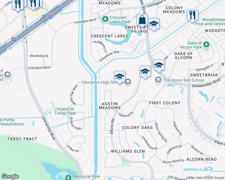 map of restaurants, bars, coffee shops, grocery stores, and more near 2711 Oakland Drive in Sugar Land