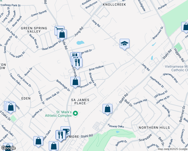 map of restaurants, bars, coffee shops, grocery stores, and more near 3910 Briarvista Street in San Antonio