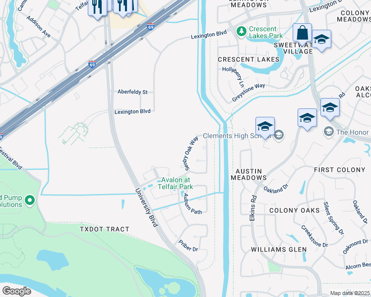 map of restaurants, bars, coffee shops, grocery stores, and more near 2710 Sentry Oak Way in Sugar Land