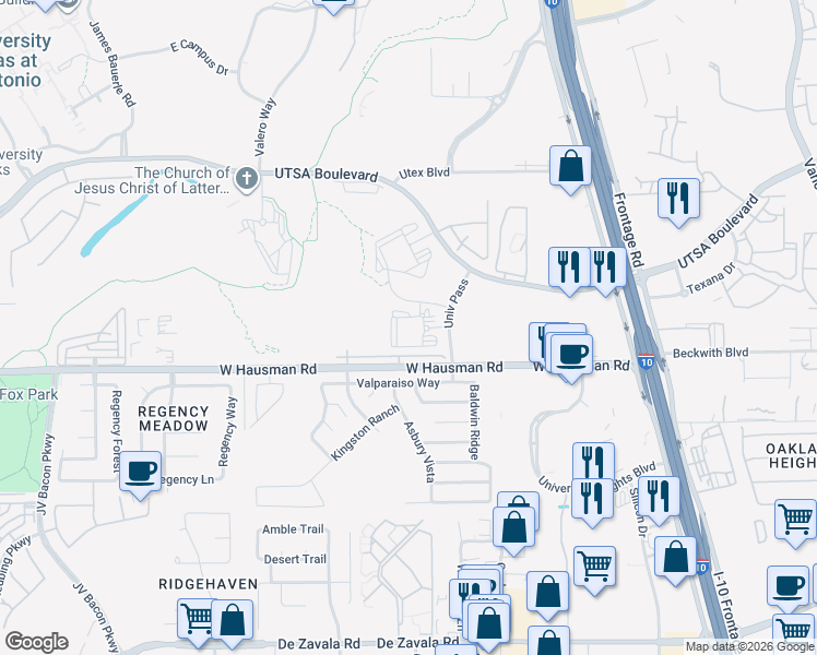 map of restaurants, bars, coffee shops, grocery stores, and more near 14015 University Pass in San Antonio