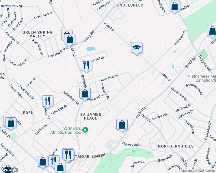 map of restaurants, bars, coffee shops, grocery stores, and more near 3910 Briarvista Street in San Antonio
