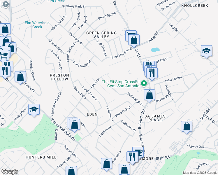 map of restaurants, bars, coffee shops, grocery stores, and more near 3334 Butterleigh in San Antonio