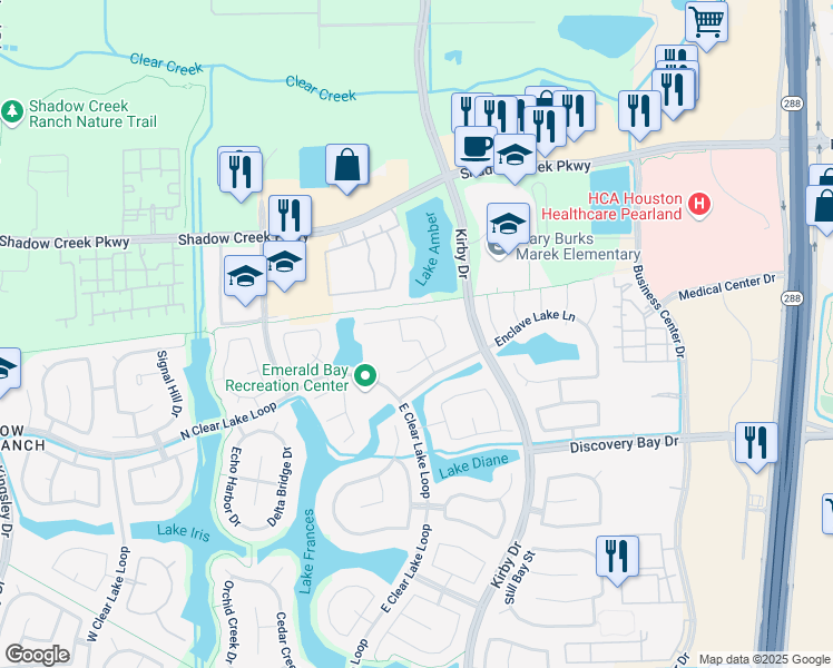 map of restaurants, bars, coffee shops, grocery stores, and more near 2011 Mountain Creek Street in Pearland