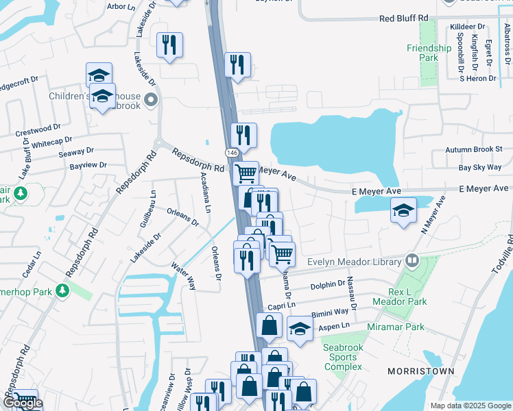 map of restaurants, bars, coffee shops, grocery stores, and more near 2433 Miramar Court in Seabrook