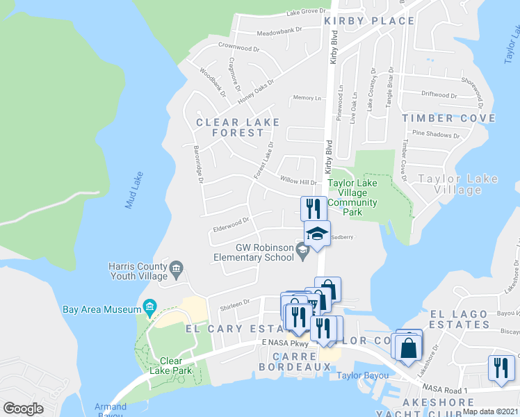 map of restaurants, bars, coffee shops, grocery stores, and more near 4211 Elderwood Drive in Seabrook
