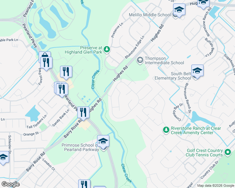 map of restaurants, bars, coffee shops, grocery stores, and more near 1902 Laguna Ridge Lane in Houston
