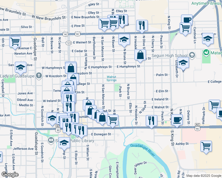 map of restaurants, bars, coffee shops, grocery stores, and more near 620 East Elm Street in Seguin