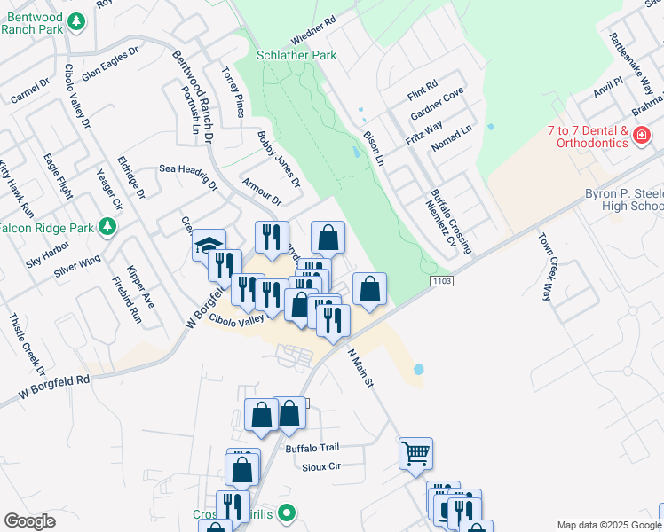 map of restaurants, bars, coffee shops, grocery stores, and more near 816 North Main Street in Cibolo