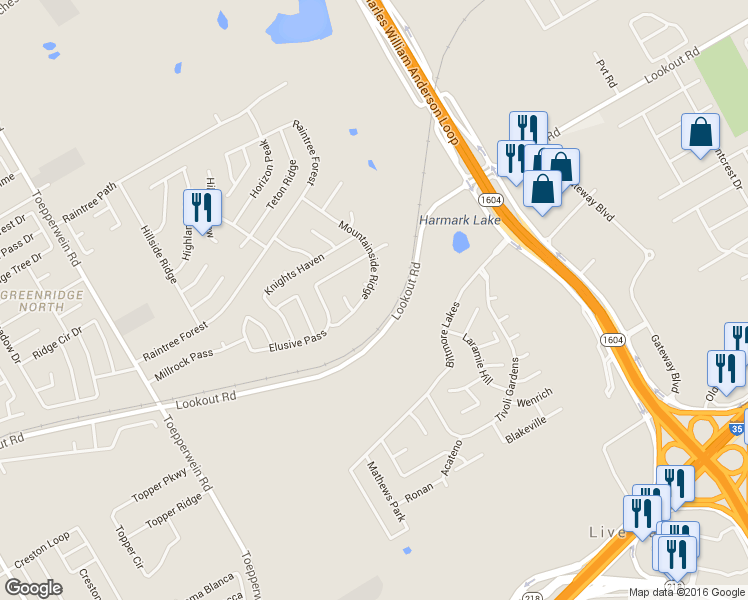 map of restaurants, bars, coffee shops, grocery stores, and more near 14722 Mountainside Ridge in San Antonio