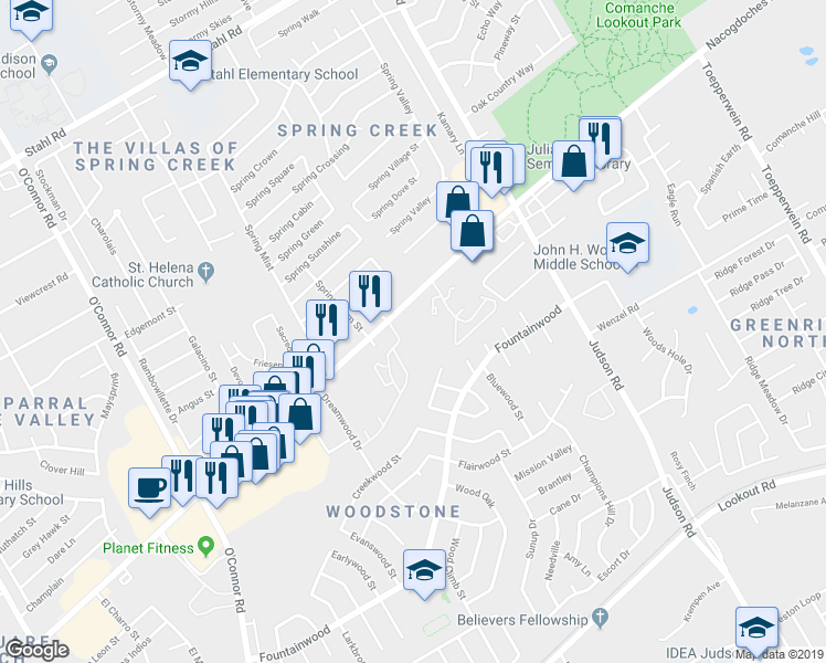 map of restaurants, bars, coffee shops, grocery stores, and more near 14722 Nacogdoches Road in San Antonio