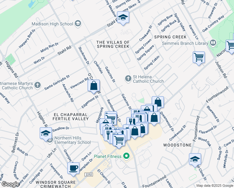 map of restaurants, bars, coffee shops, grocery stores, and more near 14618 Edgemont Street in San Antonio