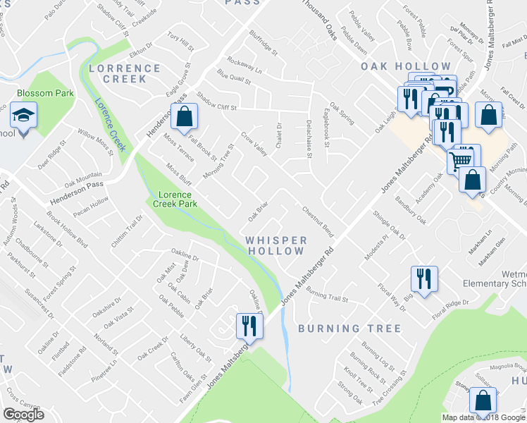 map of restaurants, bars, coffee shops, grocery stores, and more near 15038 Oak Briar in San Antonio