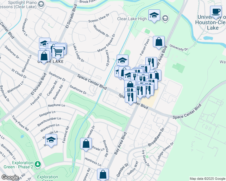 map of restaurants, bars, coffee shops, grocery stores, and more near 16101 Space Center Boulevard in Houston