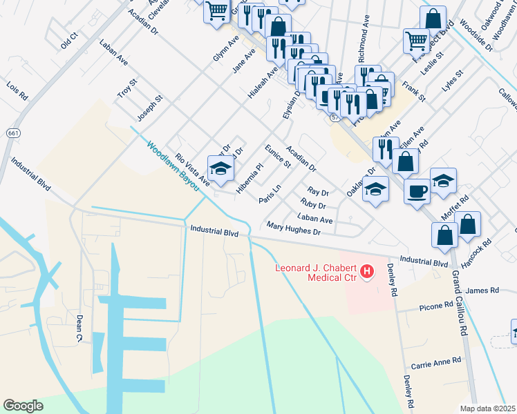 map of restaurants, bars, coffee shops, grocery stores, and more near 513 Paris Lane in Houma