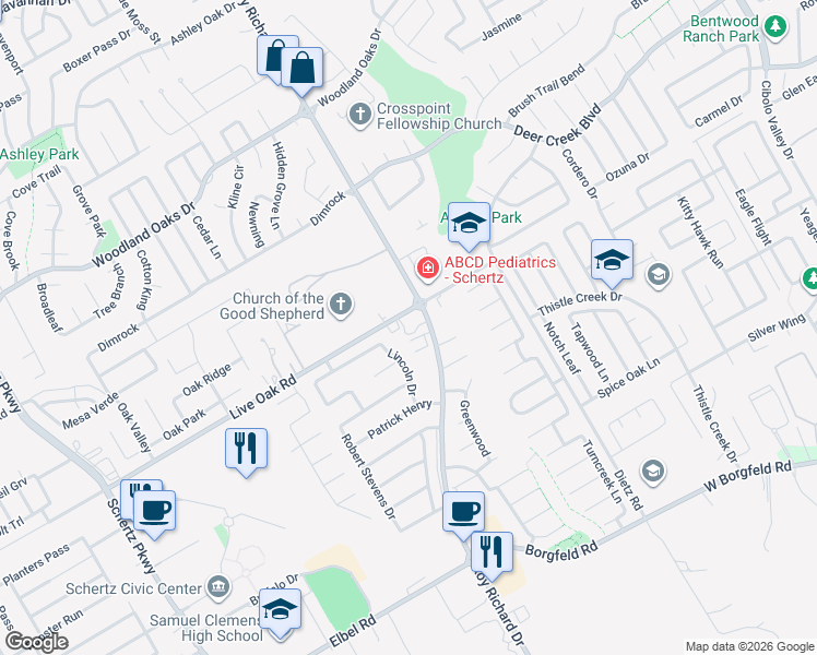 map of restaurants, bars, coffee shops, grocery stores, and more near 1236 East Live Oak Road in Schertz
