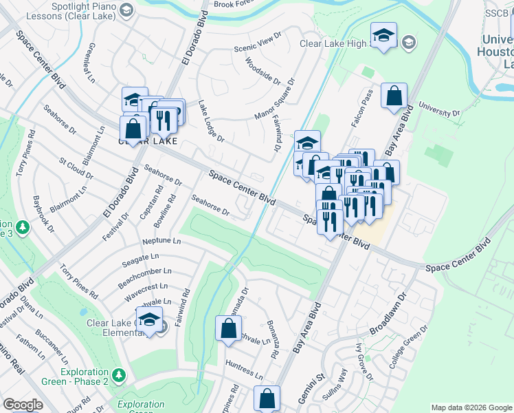 map of restaurants, bars, coffee shops, grocery stores, and more near 2338 Fairwind Drive in Houston