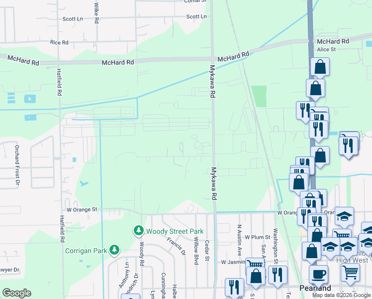 map of restaurants, bars, coffee shops, grocery stores, and more near 4901 Shank Road in Pearland