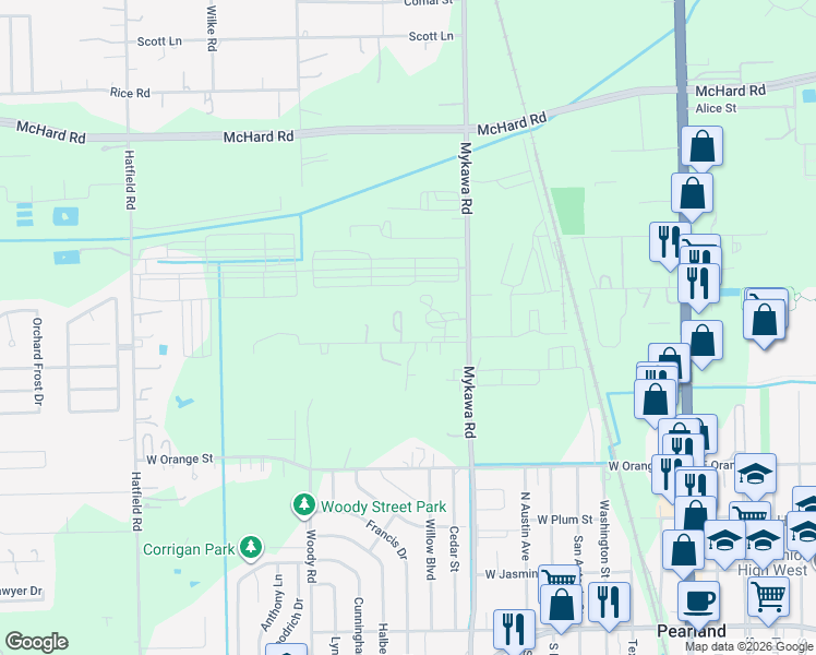 map of restaurants, bars, coffee shops, grocery stores, and more near 4901 Shank Road in Pearland