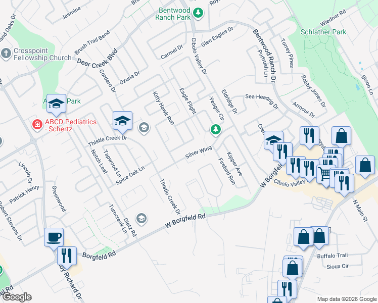 map of restaurants, bars, coffee shops, grocery stores, and more near 328 Silver Wing in Cibolo