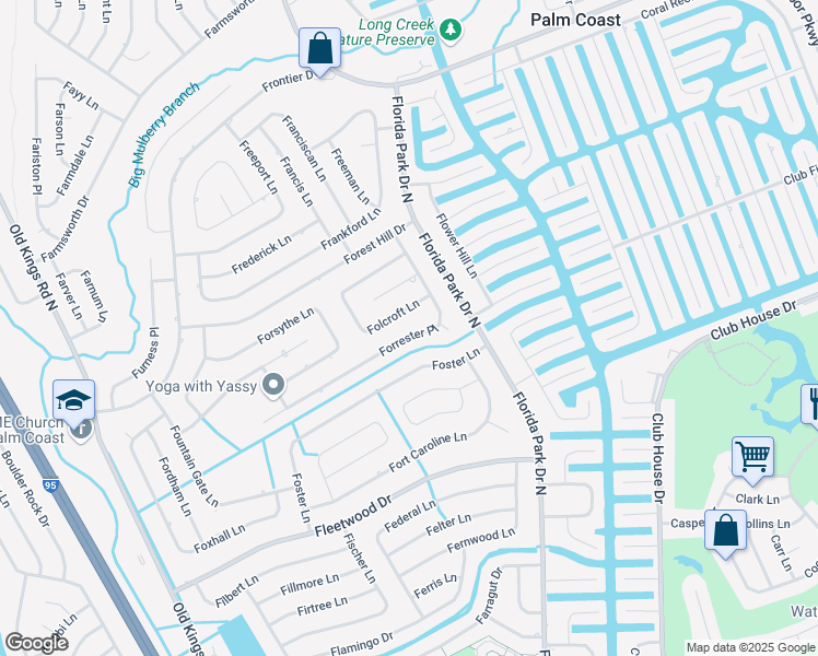 map of restaurants, bars, coffee shops, grocery stores, and more near 68 Forrester Place in Palm Coast