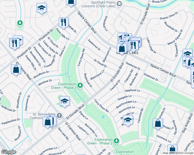map of restaurants, bars, coffee shops, grocery stores, and more near 15502 Cobre Valley Drive in Houston