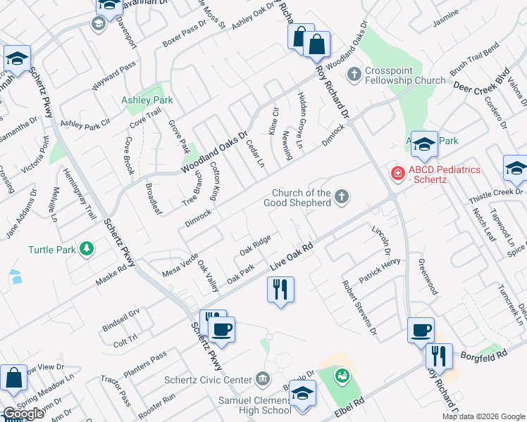 map of restaurants, bars, coffee shops, grocery stores, and more near 2241 Oak Place in Schertz