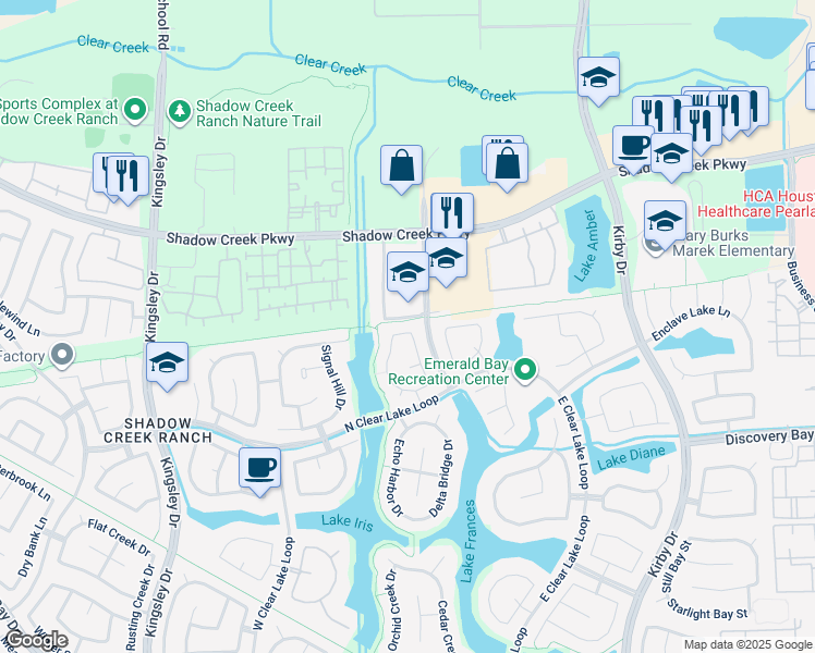 map of restaurants, bars, coffee shops, grocery stores, and more near 12103 Auburn Creek Drive in Pearland