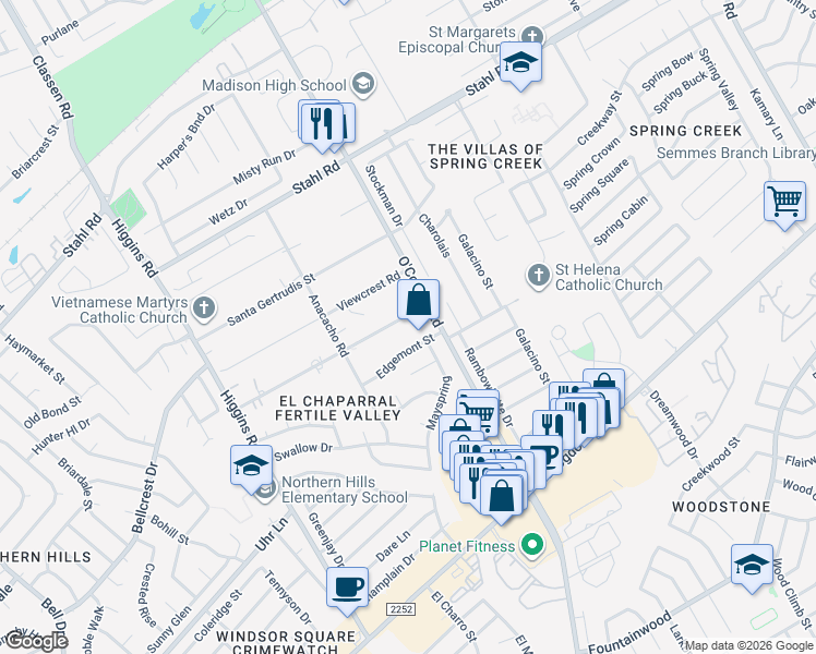 map of restaurants, bars, coffee shops, grocery stores, and more near 5050 Ayrshire Drive in San Antonio