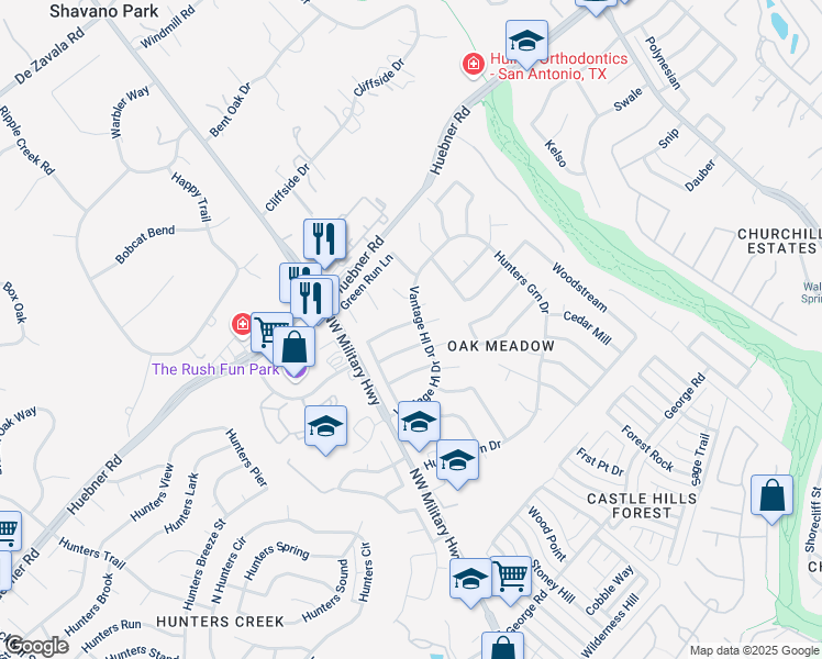 map of restaurants, bars, coffee shops, grocery stores, and more near 2902 Meadow Thrush Street in San Antonio