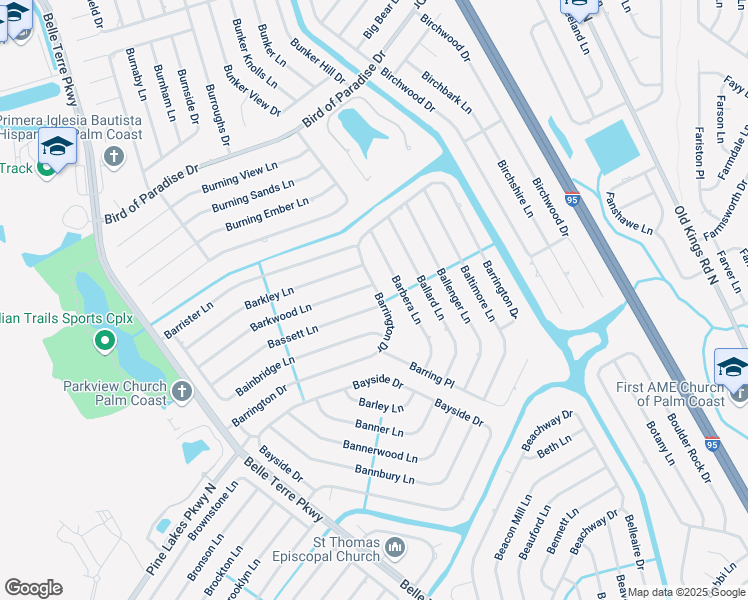 map of restaurants, bars, coffee shops, grocery stores, and more near 61 Bassett Lane in Palm Coast