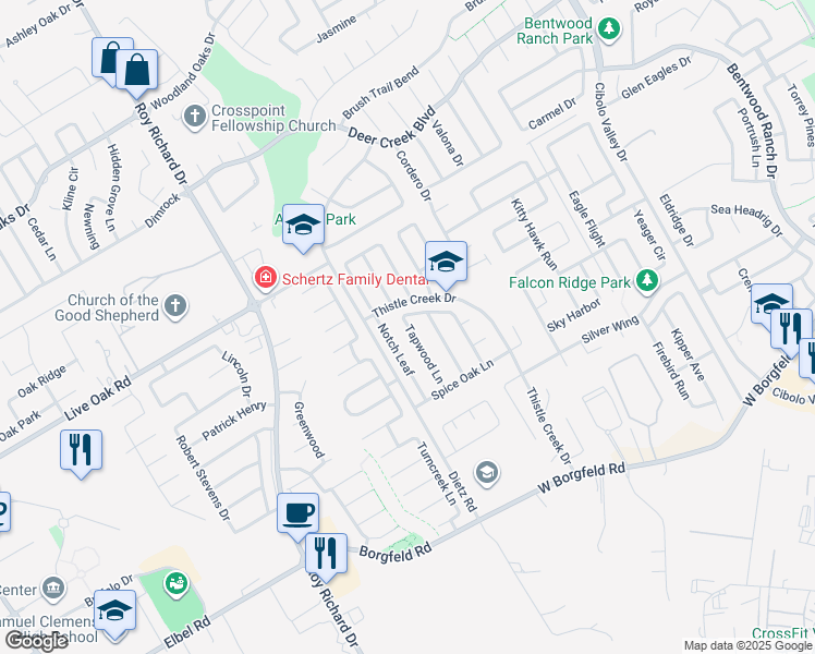 map of restaurants, bars, coffee shops, grocery stores, and more near 238 Tapwood Lane in Cibolo