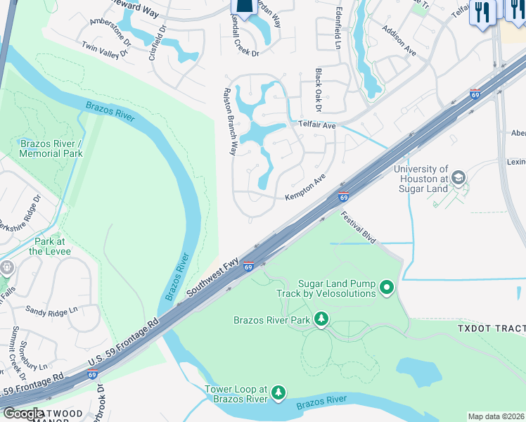 map of restaurants, bars, coffee shops, grocery stores, and more near 1318 Ralston Branch Way in Sugar Land